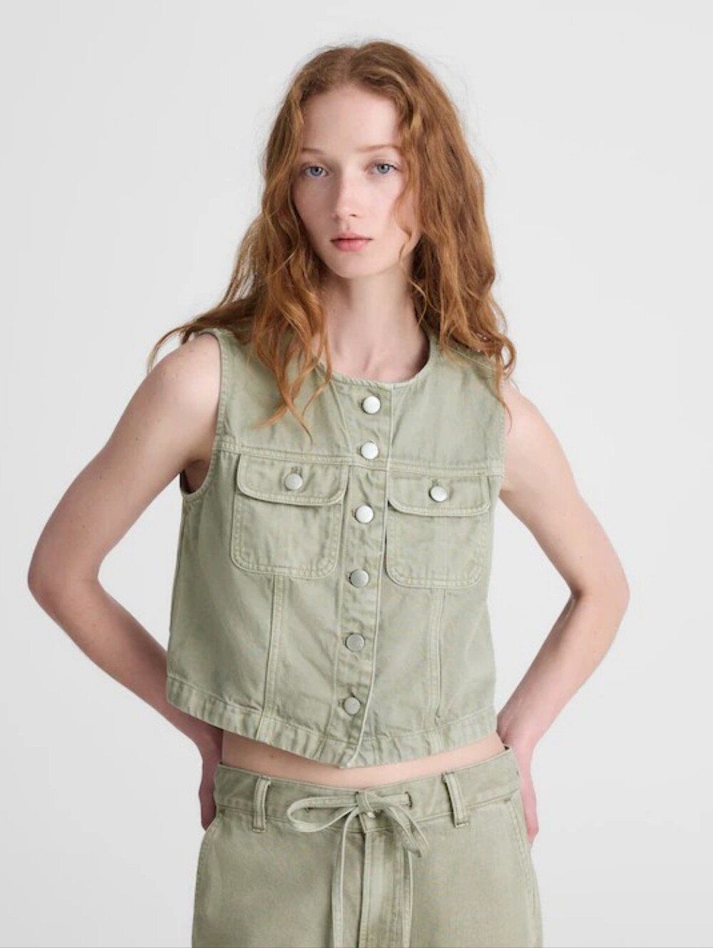 NWT Madewell Cropped Denim Vest Sage Green Utility Button Front Size L 90s Fall